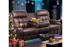 TOMOSLTER 3-Seater Loveseat Recliner Sofa, Home Theater Seating Reclining Couch with Flip Middle Backrest, RV Wall Hugger Sleeper with LED Lights, Massage, Dawer & Cup Holders, 150° Recline for RV & Living Room