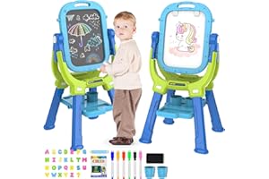 PUPPSITTY Easel for Kids, Adjustable Standing Rotatable Double Sided Toddlers Art Easel with Painting Accessories, Drawing Board Gift for Boys and Girls, Blue/Green