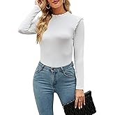 BINOVISOR Womens Long Sleeve Bodysuits Stand Collar Slim Fit Frilled Ruffles Shoulder Ribbed Leotards Tops