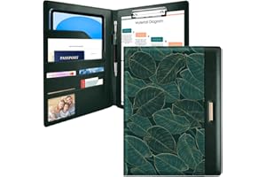 Padfolio/Resume Portfolio Folder for Women Men, WAVEYU Cute Chic Padfolio Cover Folder, Conference/Legal Document Organizer with Letter/A4 Size Clipboard, Document Sleeve, Green Leaves