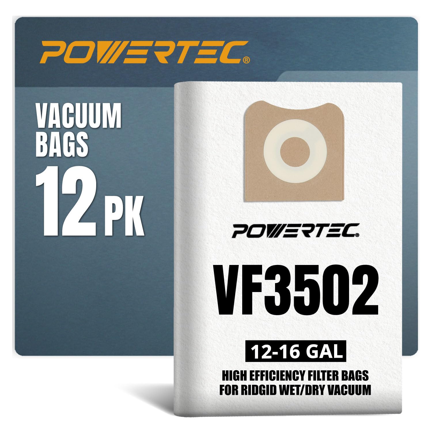 Photo 1 of POWERTEC 23743 VF3502 Size A Shop Vacuum Bags for Ridgid 12 Pack, 12-16 Gal. Vacuum Bags for Ridgid HD1200, HD1400 Wet Dry Vac (75002-P6V)
