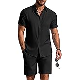 COOFANDY 2 Piece Set for Men Cruise Outfits Set Mens Summer Vacation Outfit Short Sleeve Button Down Shirts