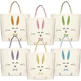 VioraWhite 6 Pcs Easter Bags Bunny Large Canvas Tote Bags Egg Hunt Party Basket Bucket with Handle for Gift Shopping Reusable
