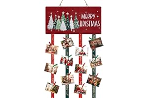 WeDoSoy Christmas Card Holder, Merry Christmas Wooden Hanging Picture Holder, Xmas Card Display with 30 Photo Clips for Wall, Door, and Window Display, Holiday Home Décor