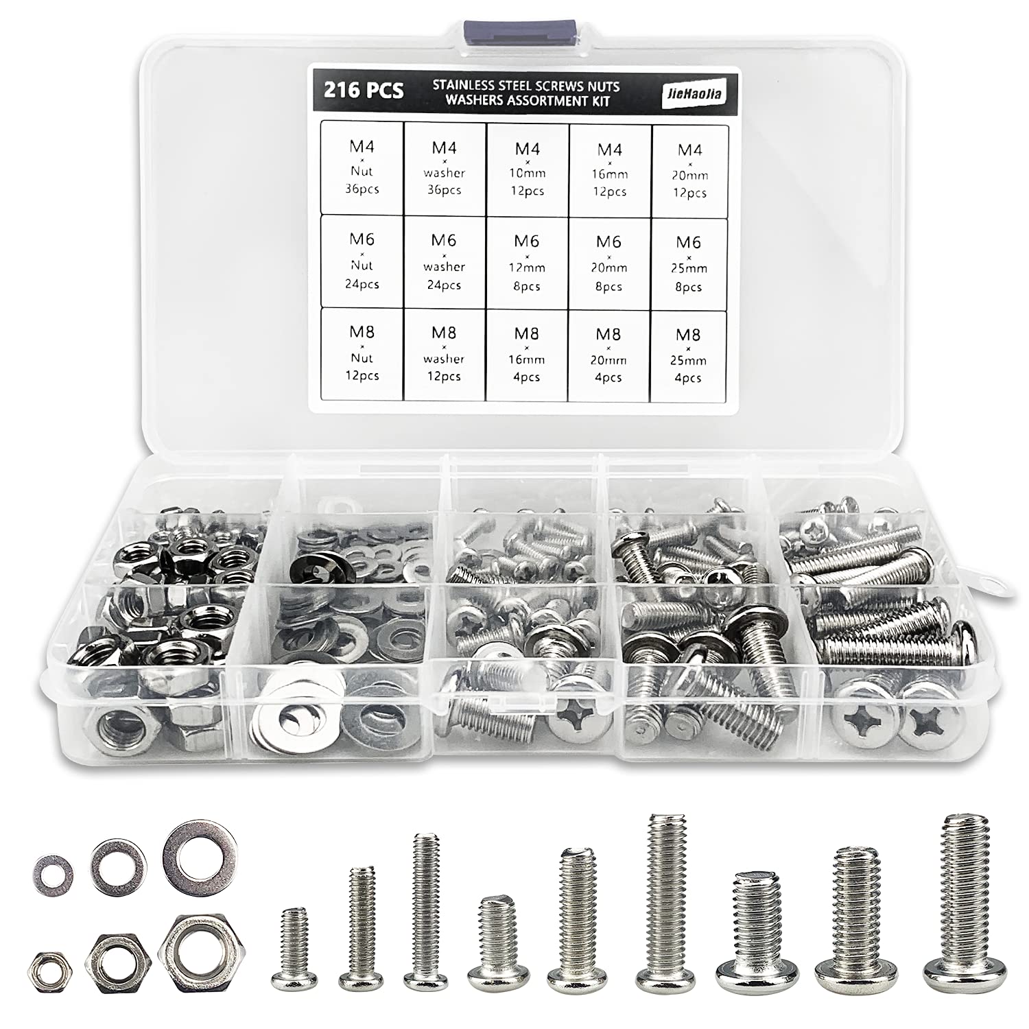 216 PCS M4 M6 M8 Bolts and Nuts Set, Round Head Screws Nuts and Washers, Stainless Steel Nuts and Bolts Assortment Set for DIY Projects, Furniture Installation and Parts Fixing
