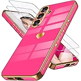 Dretal for Samsung Galaxy S25+ Plus 5G Case with Screen Protector, Women Girl Cute Girly Love-Heart Luxury Gold Soft Camera Protection Bumper Shockproof Phone Case for Galaxy S25+(Hot Pink)