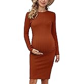 Women's B Shape Side Ruch Knit Ribbed Maternity Bodycon Dress/Midi Dress with Long Sleeves for Daily Wear & Baby Shower