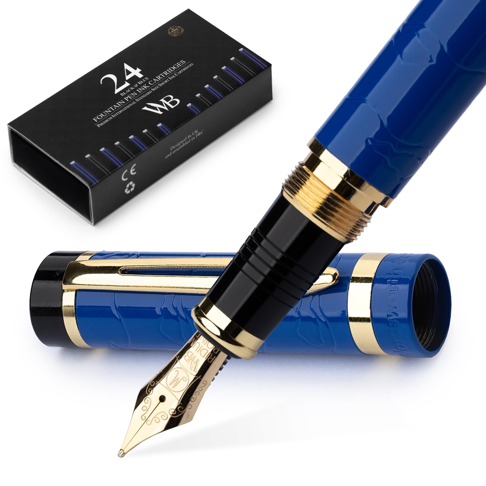 Wordsworth & Black Primori Fountain Pen Set [Blue Gold]; Medium Nib, Gift Case, 24 Ink Cartridges, Refill Converter, Manual; Journaling, Calligraphy, Smooth Writing Pens; Left and Right Handed