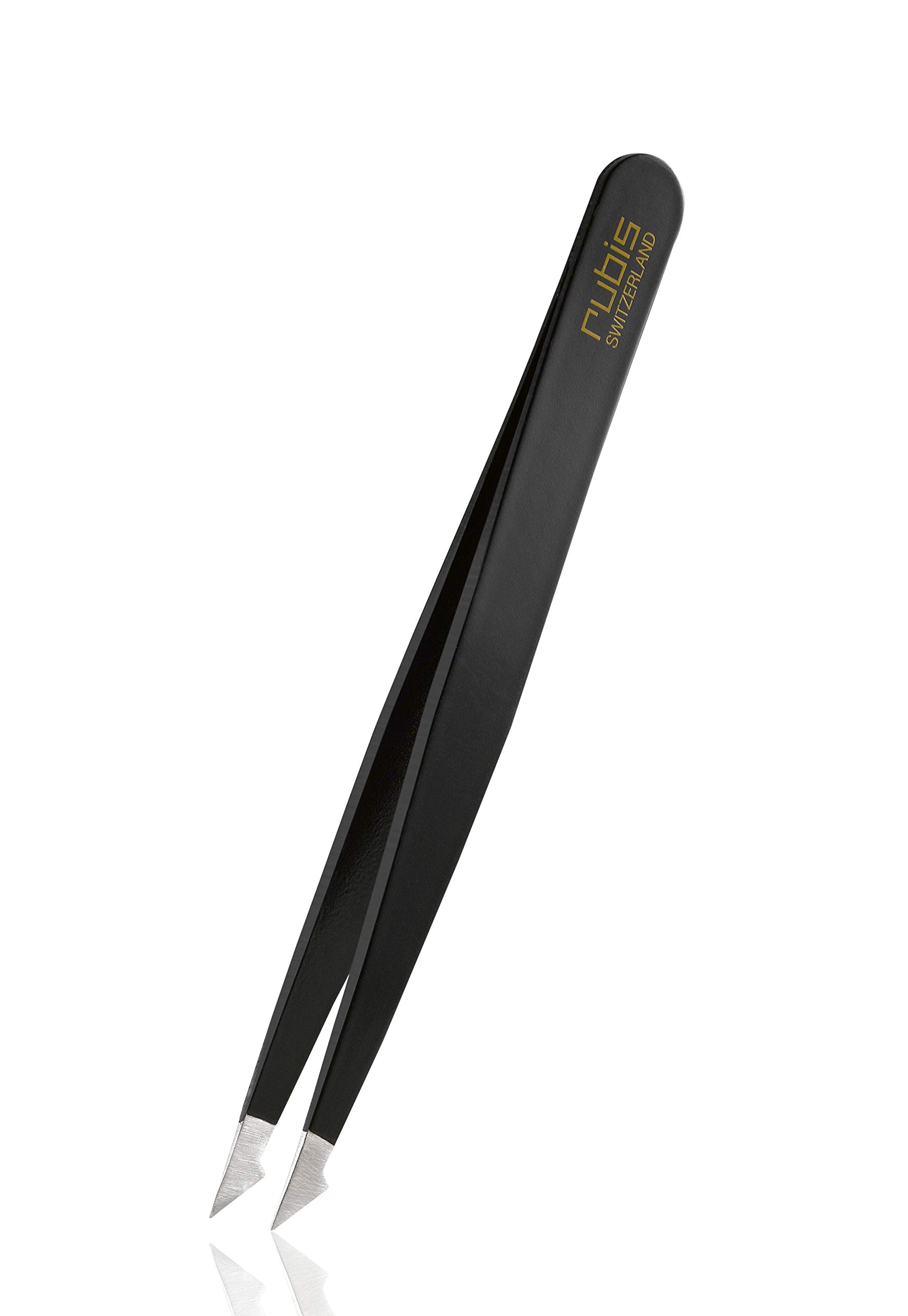 Rubis Tweezers Evolution - 2in1 Pointed Slant Tweezers - Sharp Tip for Fine Hair & Ingrown Hairs - Black Stainless Steel Angled Tweezer