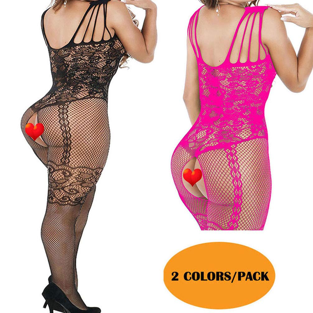 KHUFUZI Women\'s 2 Colors Pack Sexy Fishnet Bodystocking Crotchless Plus Size Lingerie High Elasticiy Bodysuit
