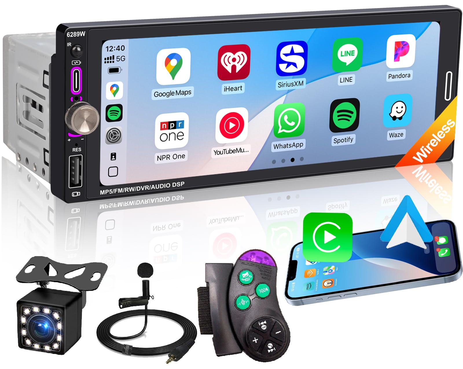 Photo 1 of 6.9" Single DIN Car Radio with Wireless Apple CarPlay, Car Bluetooth 5.2, AM FM Radio, IPS Touchscreen 1280x480, Backup Camera, Type-C Fast Charging, USB, 180W Subwoofer, Android Auto, GPS Navigation