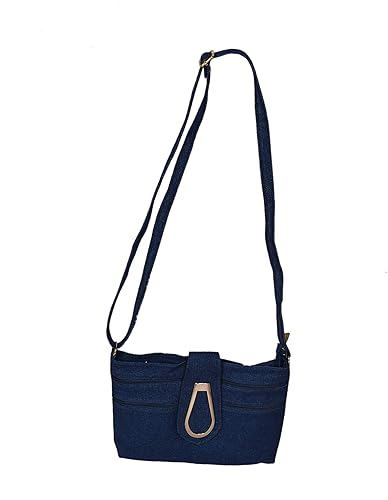 SHOPATHON INDIA Girls Denim Golden Clip Lock Multi Pocket Jeans Sling Side Bag with Long Belt (Blue)