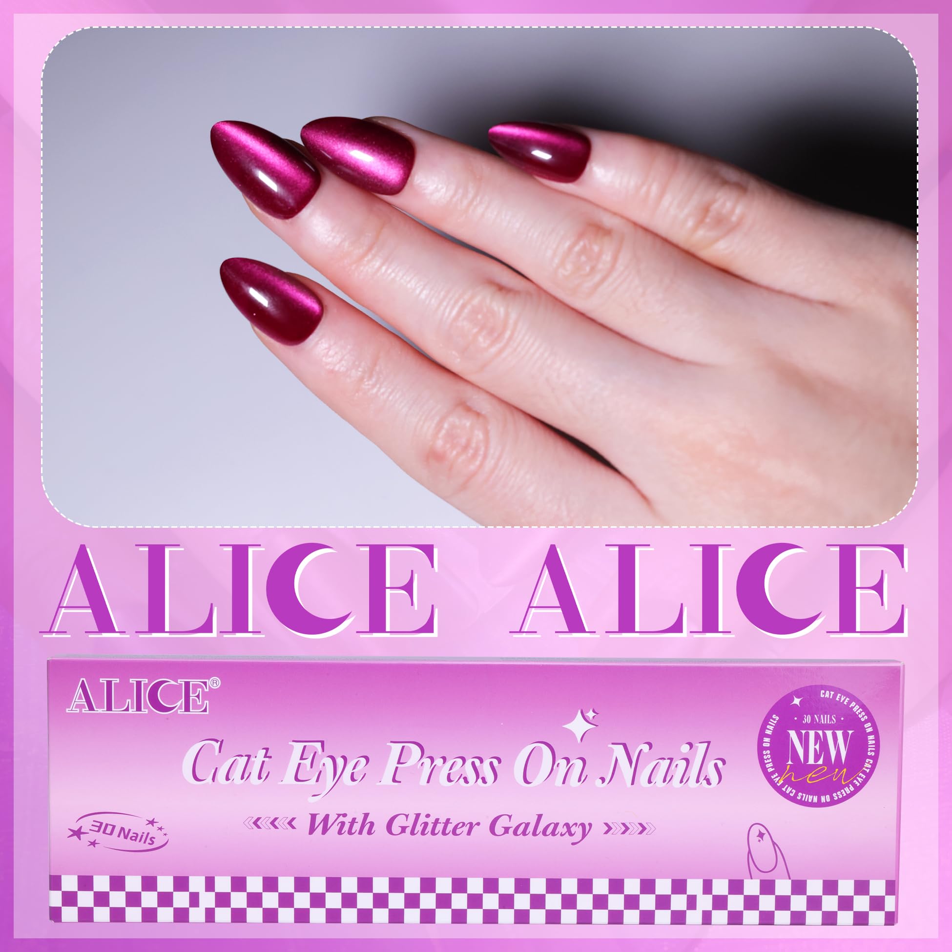 ALICE Press On Nails Short, Natural Almond Stick On Nails, Rose Purple Cat Eye Reusable Press on Nails, Fake Nail 15 Sizes 30 Pcs with Nail Glue and Nail Remover - Image 9