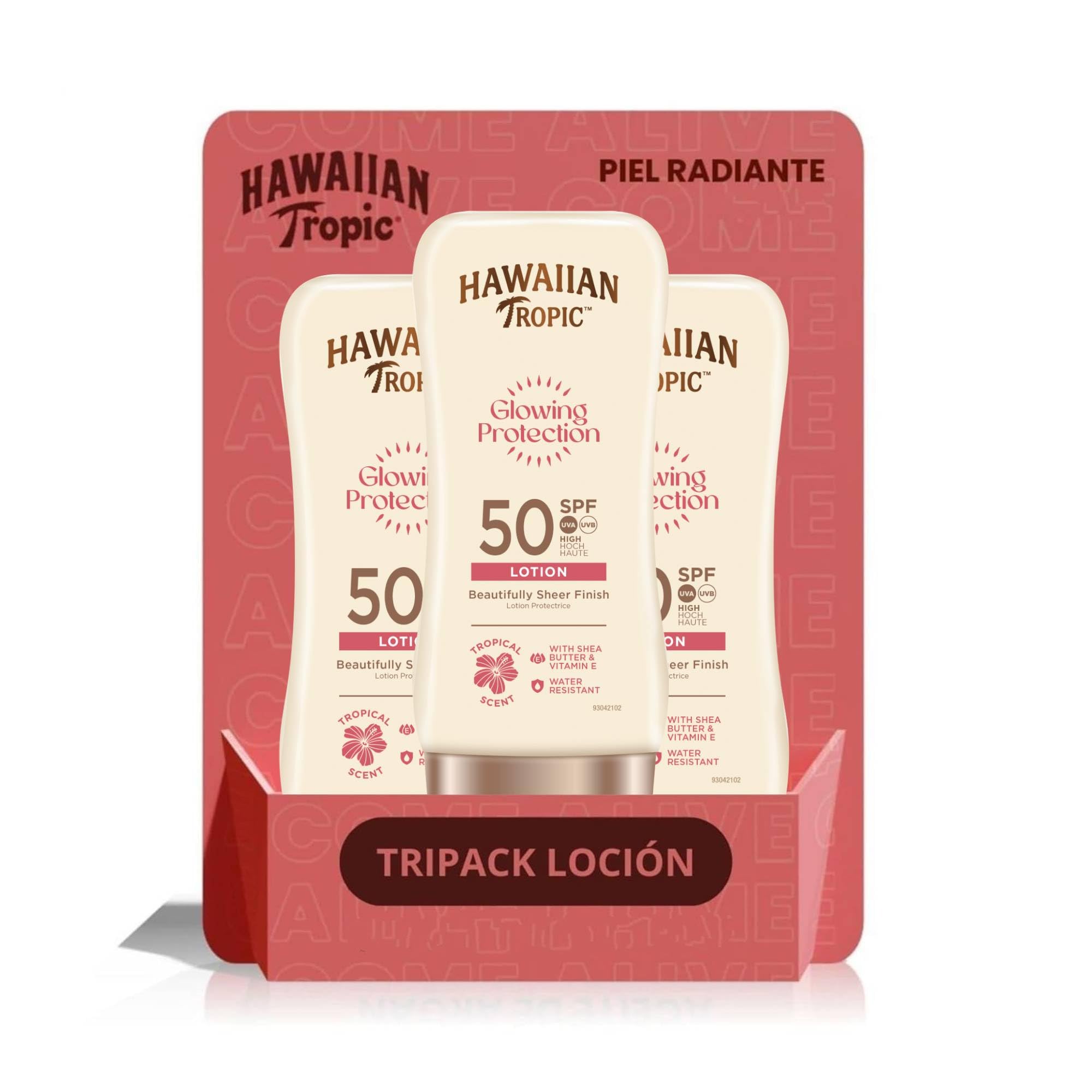 Hawaiian Tropic - Satin Protection Ultra Radiance SPF 50+ - Very High Protection Sun Lotion, Protects and Softens the Skin, Tropical Fruit Fragrance, Pack 3 Units x 180 ml