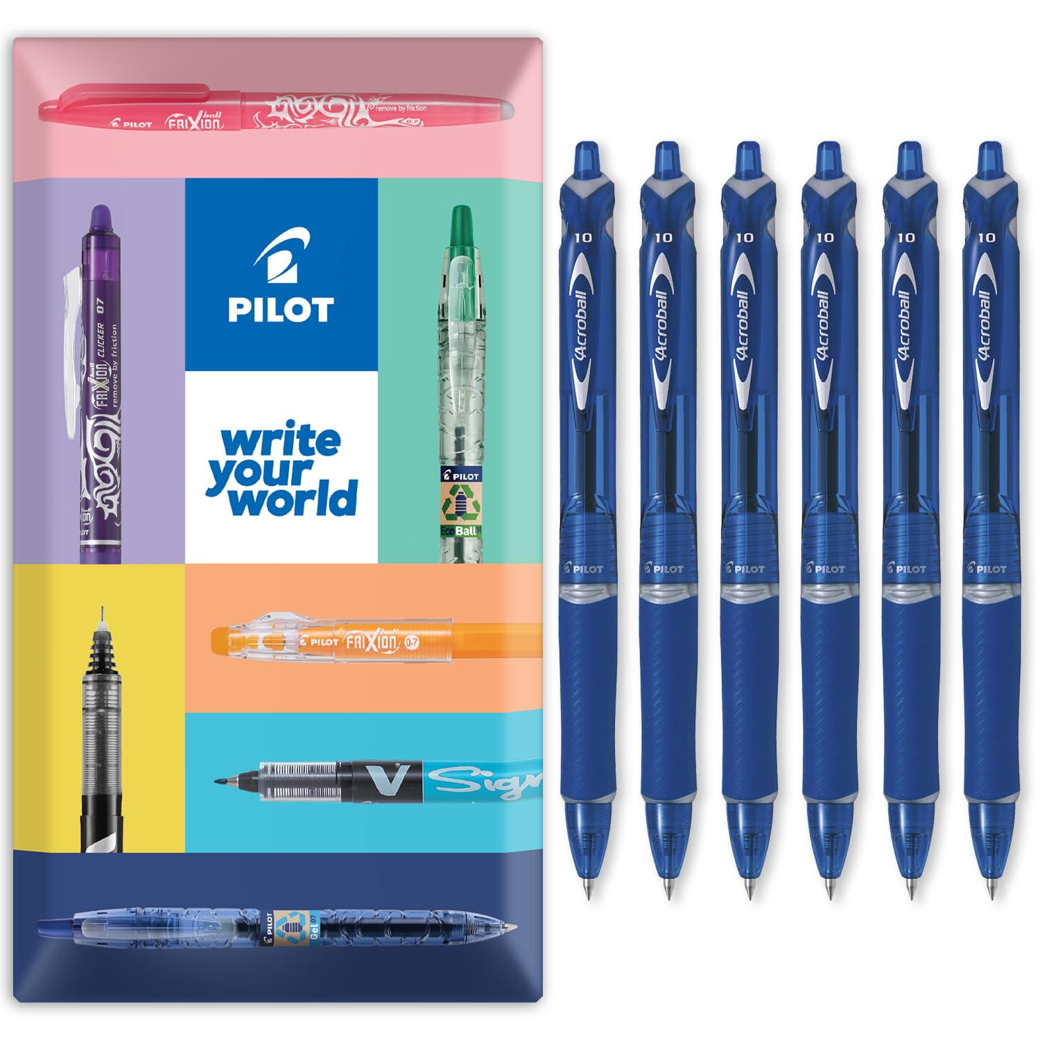 PILOT Acroball Retractable Ballpoint Pen - Begreen Range 79% Recycled - Pack of 6 Pens in Envelope Gift Packaging - Medium 1.0mm Nib - Ideal for Writing, School, Home, Revision, Office. (Blue)