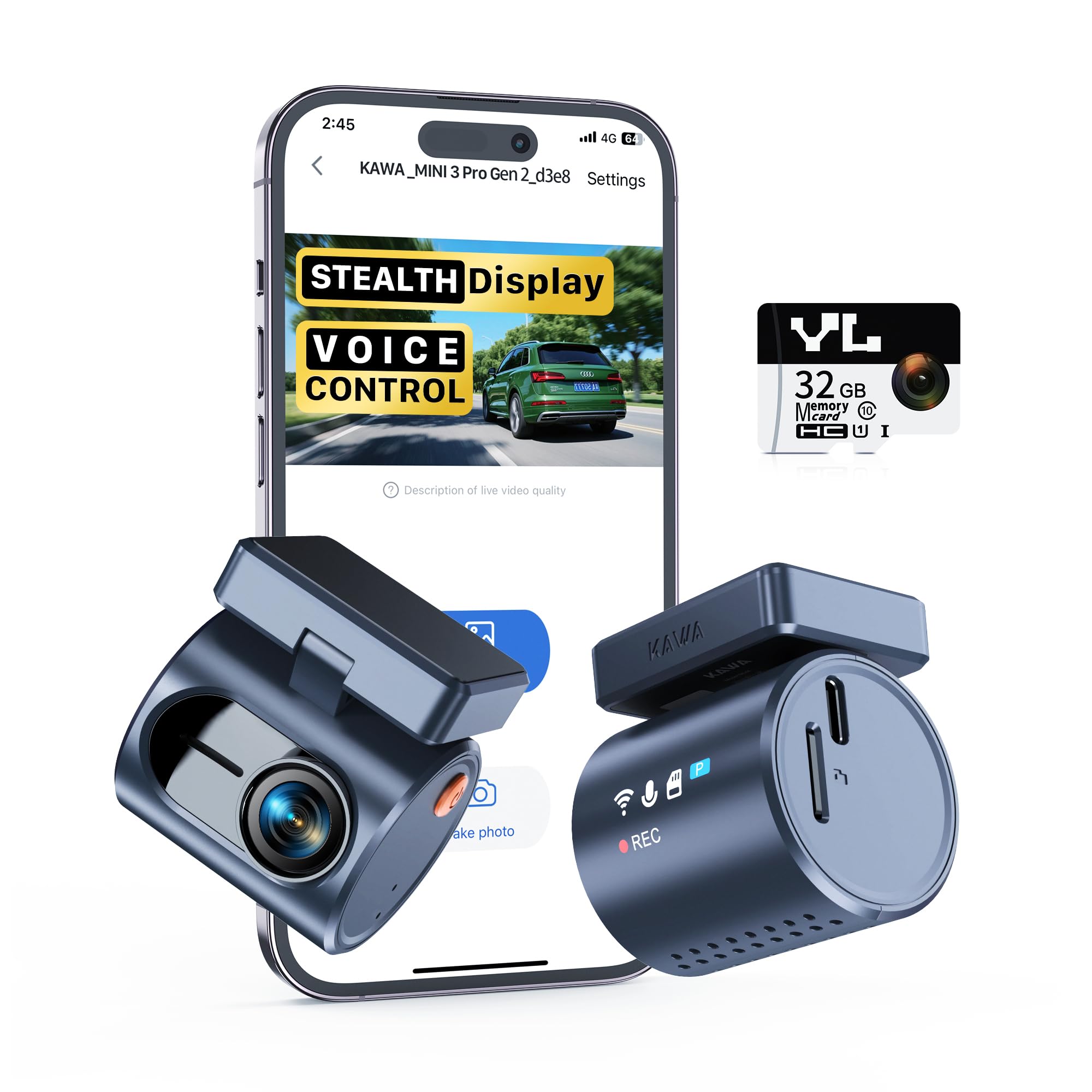 KAWA 2K Dash Cam for Cars with Voice Control - Stealth Display Tiny Dashcam Front Included 32GB Micro SD Card, Super Night Vision, 1296P QHD, G-Sensor, Built in WiFi & App Car Camera