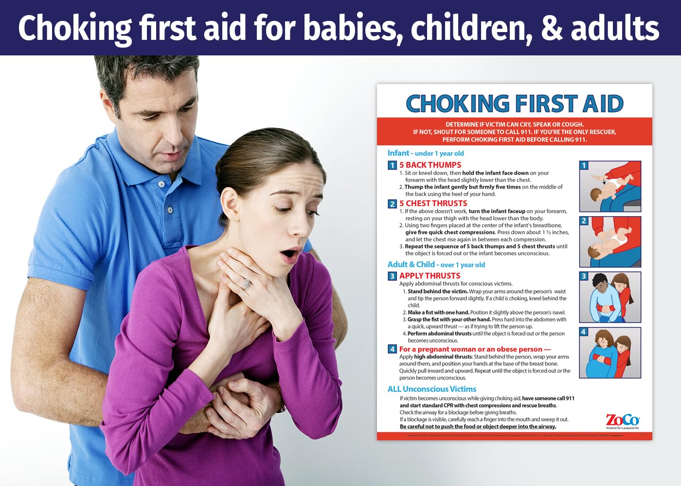 Choking Poster for Infant, Child, Adult - Laminated, 17 x 22 - Heimlich Maneuver Posters for Restaurants, Workplace, School Nurse Office - First Aid for Choking