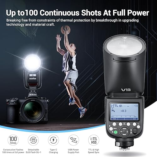 Godox V1Pro-N Round Head Camera Flash Speedlite for Nikon, with Detachable  Sub Flash SU-1, USB-C Charge Batter
