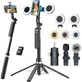 Content Creator Essentials Vlogging Kit, Magnetic Tripod &amp; 2 Lights 2 Mics | 68" Magnetic Tripod for iPhone MagSafe/Android with Remote &amp; 2 in 1 Magnetic Holder for Video Recording/Travel/Vlogging