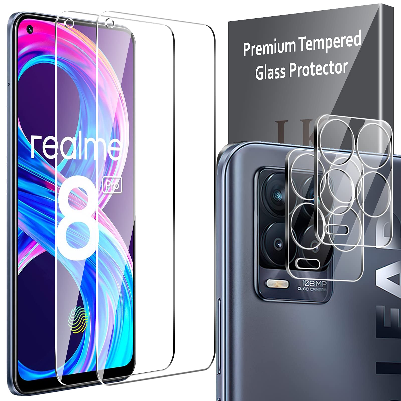 LK 4 Pack 2pcs Screen Protector & 2pcs Camera Lens Protector Compatible with Realme 8 Pro Tempered Glass, Bubbles-Free, HD Ultra-Thin, Case Friendly