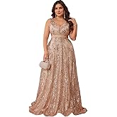 BluePlum Plus Size Formal Dresses for Women with Embroidery Sequin and V-Neck, A-Line Maxi Dress for Wedding and Cocktail