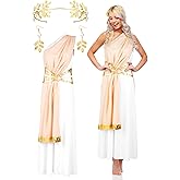 Panitay 4 Pcs Golden Greek Women Costume Toga Dress Costume Halloween Cosplay Outfits Lady with Crown Leaf Dangle Earring