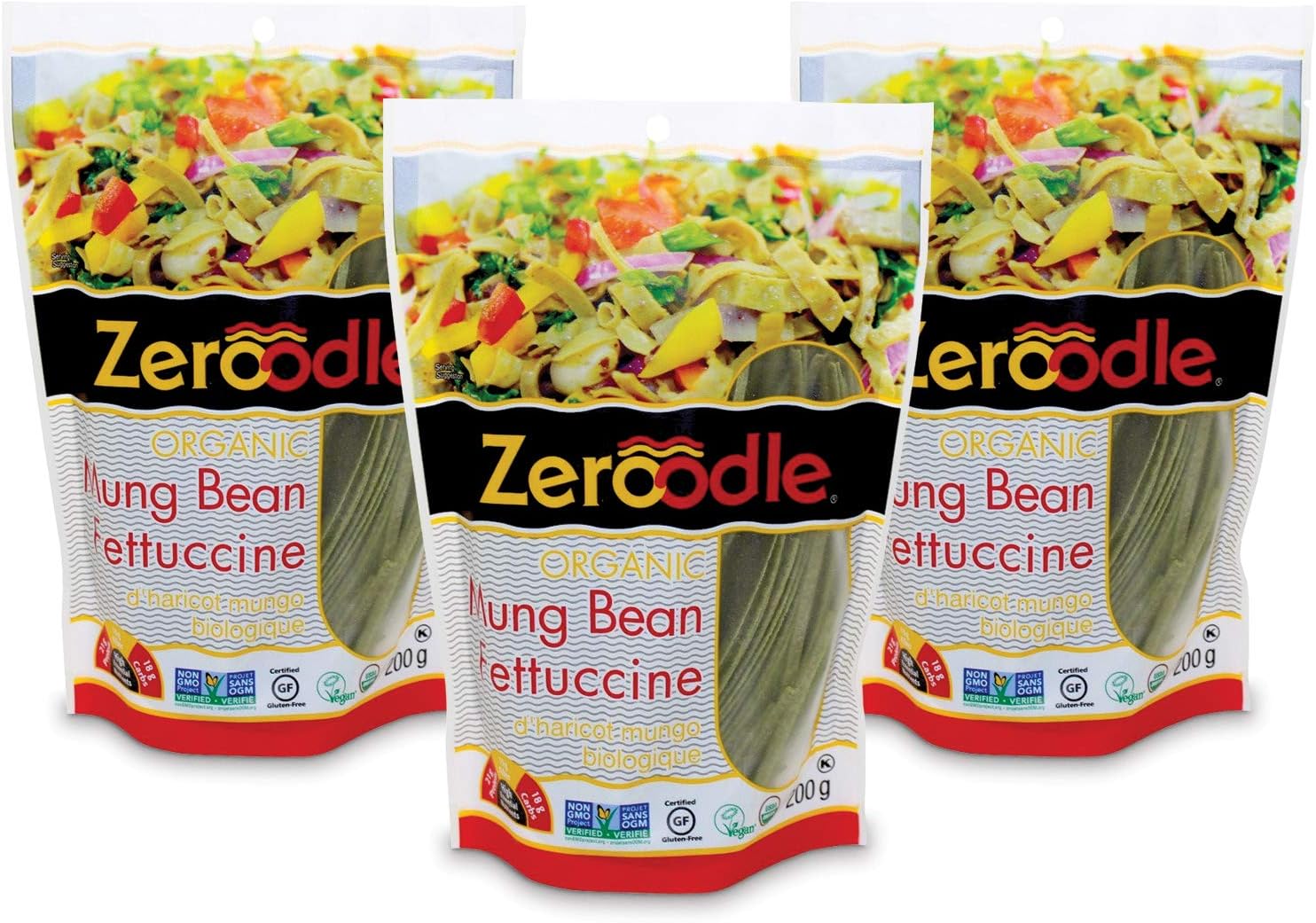 Zeroodle 3-Pack Low Net Carb Gluten Free Vegan Pasta - Organic Mung Bean Edamame Fettuccini Noodles - High Protein