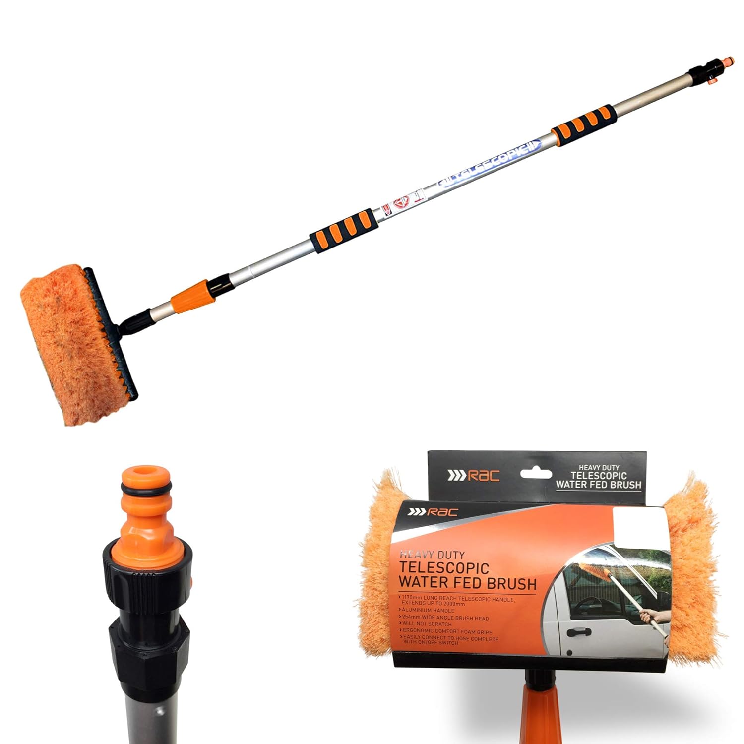 RAC Heavy Duty Telescopic Water Fed Wash Brush 2m Hose Pipe for Cars