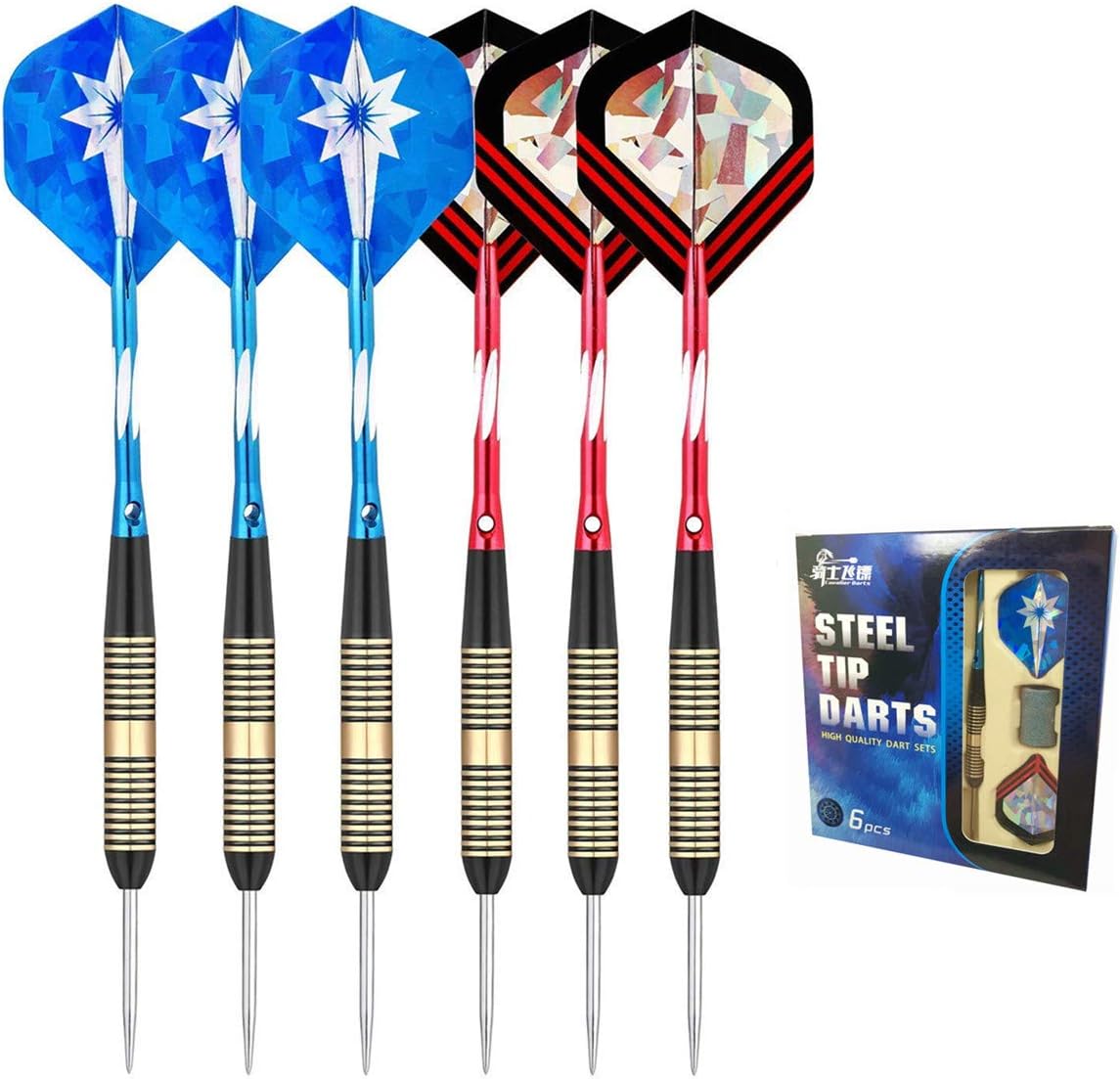 CLYCTIP Steel Tip Darts Set 23 Grams 6 Packs with Diffferent Style Flights, Aluminum Shafts, Iron barrels and Dart Sharpener