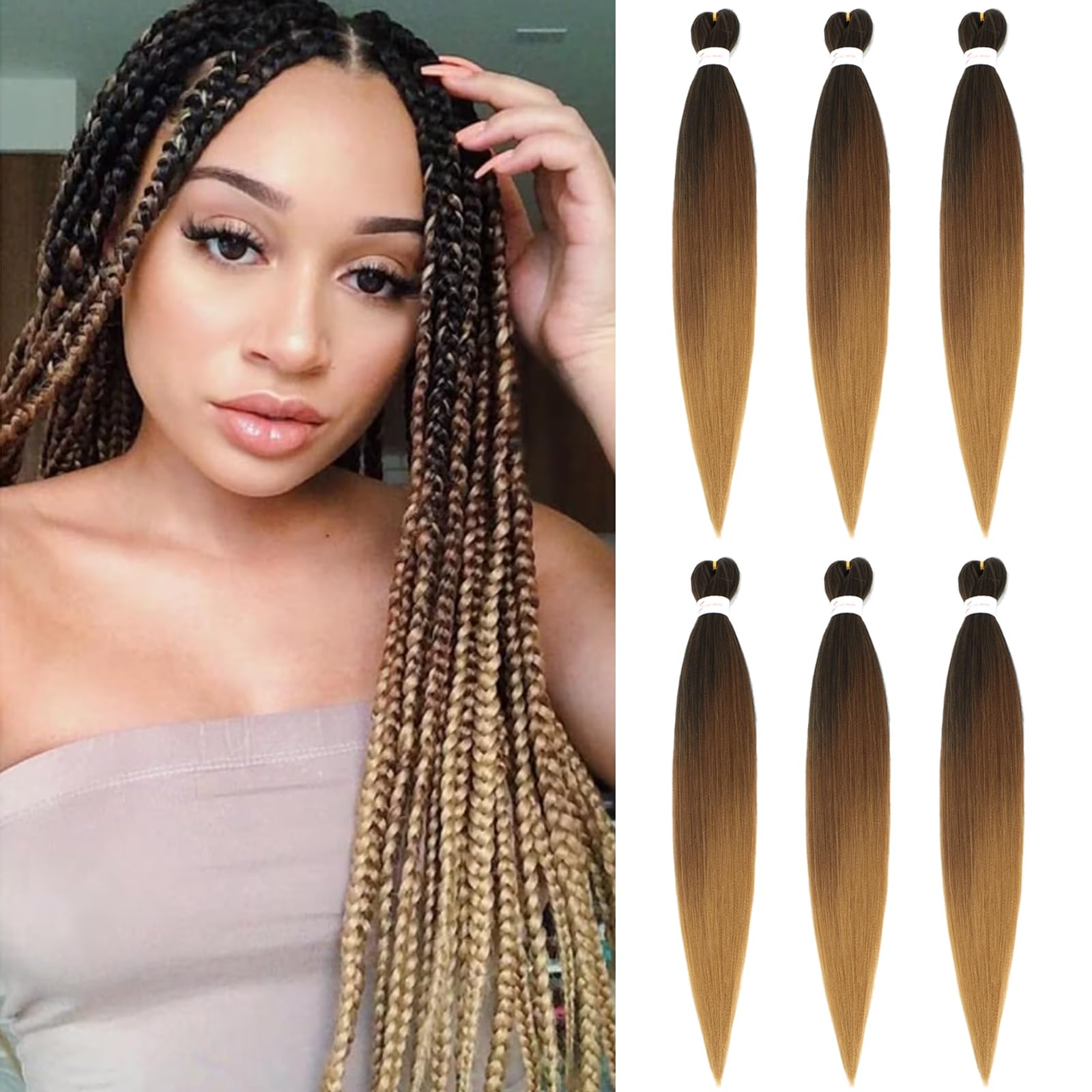 Pre-stretched Braiding Hair Easy Braid 6 Packs Professional Synthetic Fiber Crochet EZ Braids Yaki Texture Braiding Hair Extensions(1B/30/27,20 inch)
