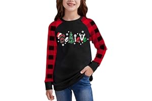 BesserBay Girl's Christmas Buffalo Plaid Raglan Top Funny Holiday Graphic Shirt 4-14 Years