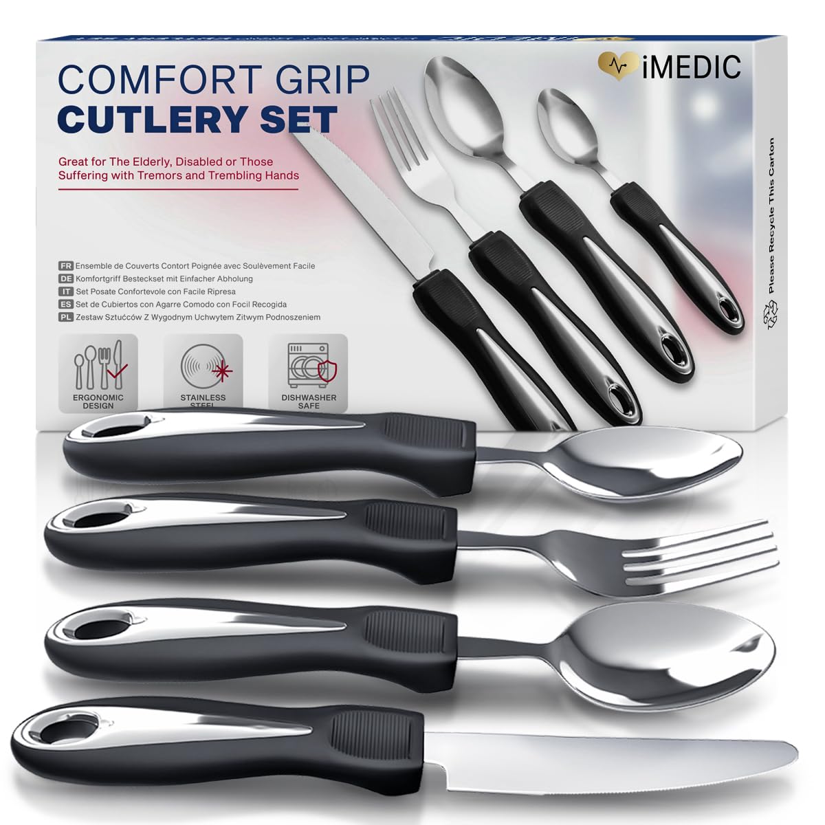 iMedic Easy Grip Cutlery for Arthritic Hands Silver/Black (1 Pack) – Adaptive Utensils Designed to Support Disabled Adults – Weighted Tableware Set – Caring Aid for Tremors, Parkinson’s