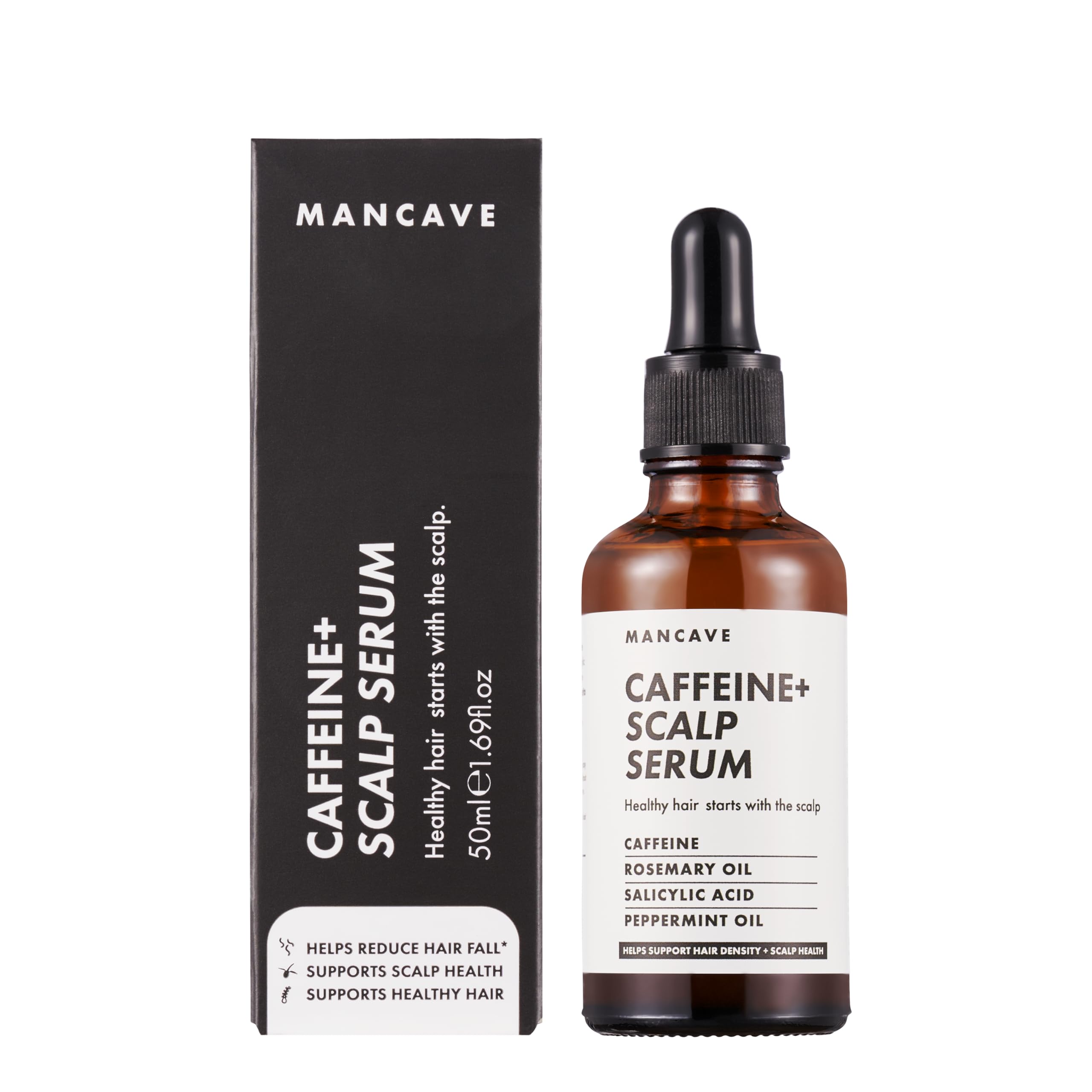 ManCave Caffeine+ Scalp Serum for Men, Stimulates and Conditions with Caffeine and Rosemary Oil, Exfoliates Dry, Flaky Scalp with Salicylic Acid, Natural, Vegan, Cruelty Free, 50 ml