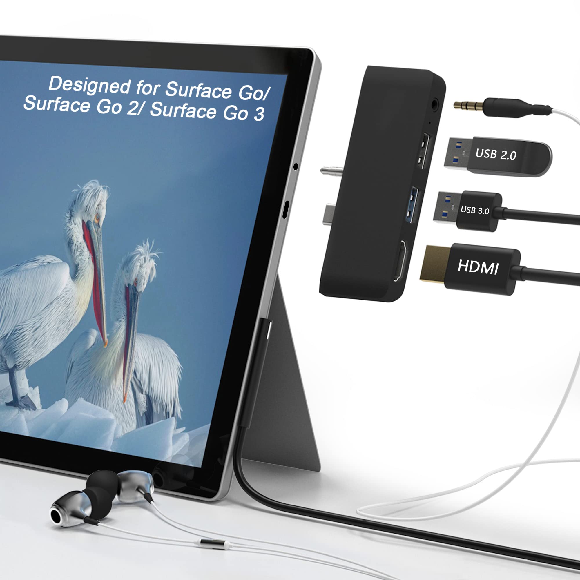 USB Hub Docking Station For Surface Go, 4 in 2 USB Hub with HDMI Support 4K@30Hz, USB 3.0 & USB 2.0 Port, 3.5mm Audio/Headphone Jack Combo Adapter