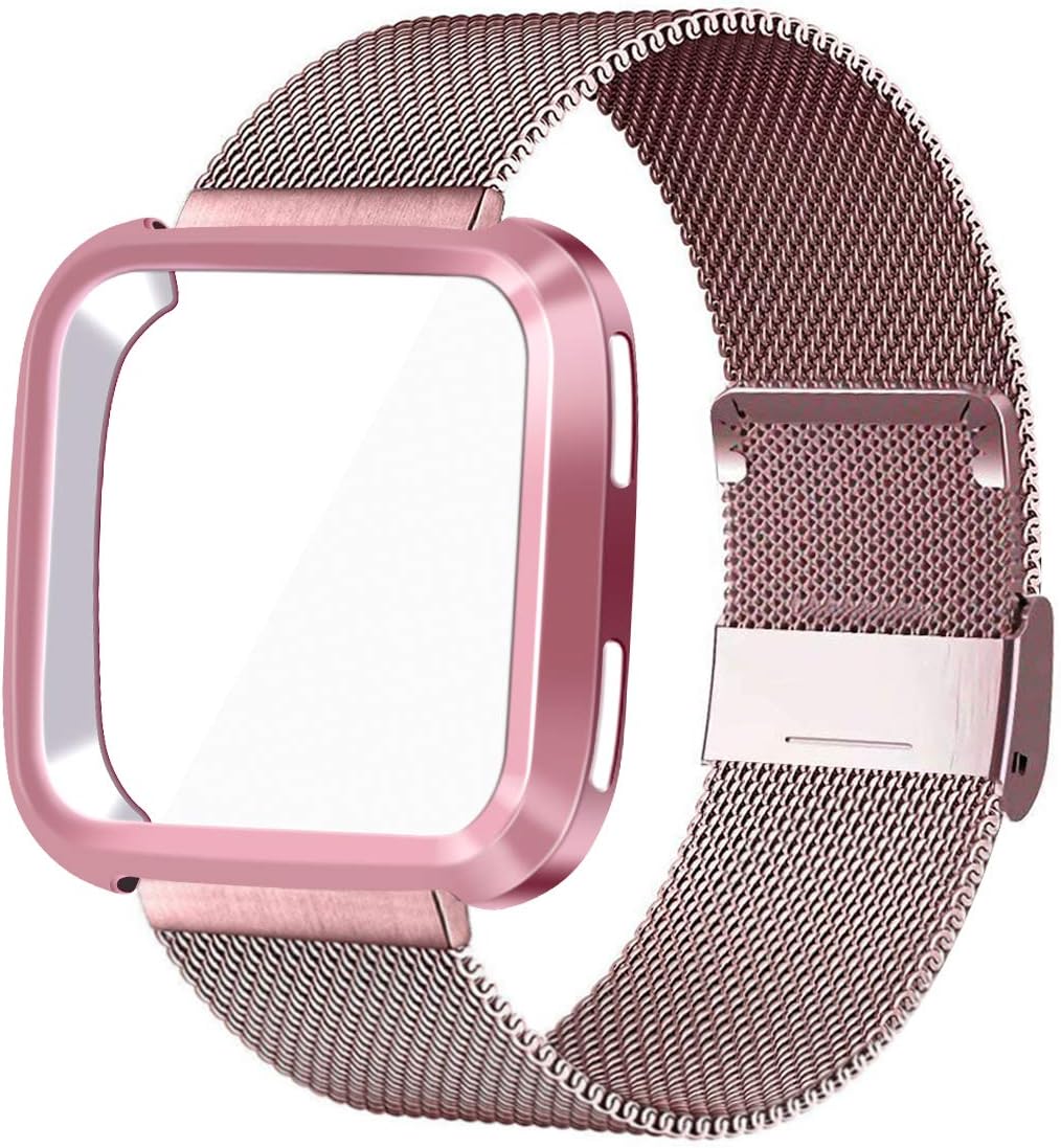KADES for Fitbit Versa Bands, Stainless Steel Wristband with Protective Case for Fitbit Versa for Women Men (Rose Gold Band+ Pink Case)