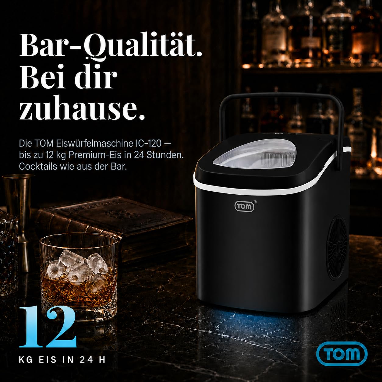 TOM Eiswürfelmaschine – 9 Eiswürfel in 6-8 min – 12 kg/24 h – 2 Würfelgrößen – Ice maker Eiswürfelmacher mit 1,3 l Wassertank – LED-Display – Inkl. Zubehör & Eiszange als Geschenk – Eiswürfelmaschine 2