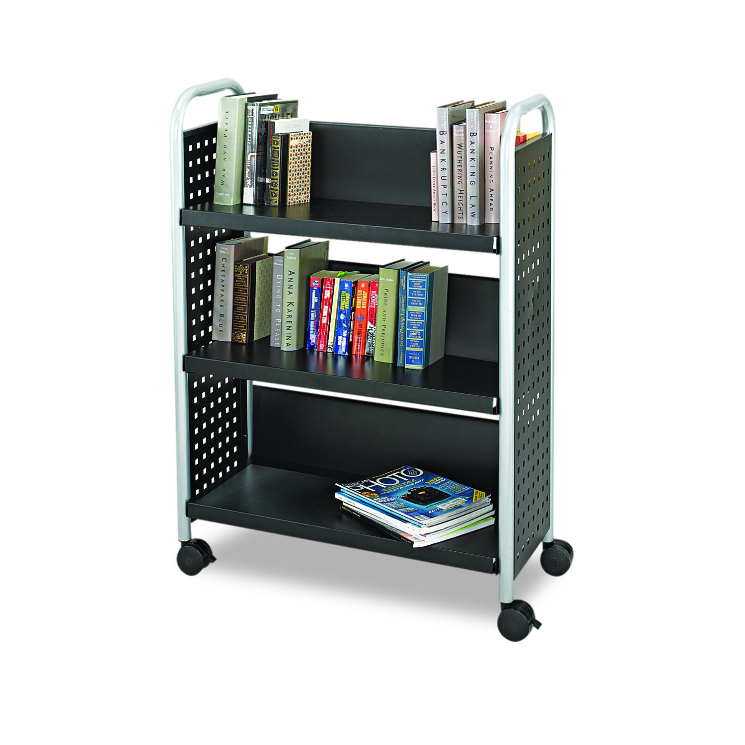 Safco Products Scoot Single-Sided Book Cart 5336BL Black, Swivel Wheels, 3 Slanted Shelves
