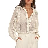 Women Long Sleeve Floral Lace Blouse Button Down Sheer Collared Shirt Embroidered Mesh Going Out Blouse Top