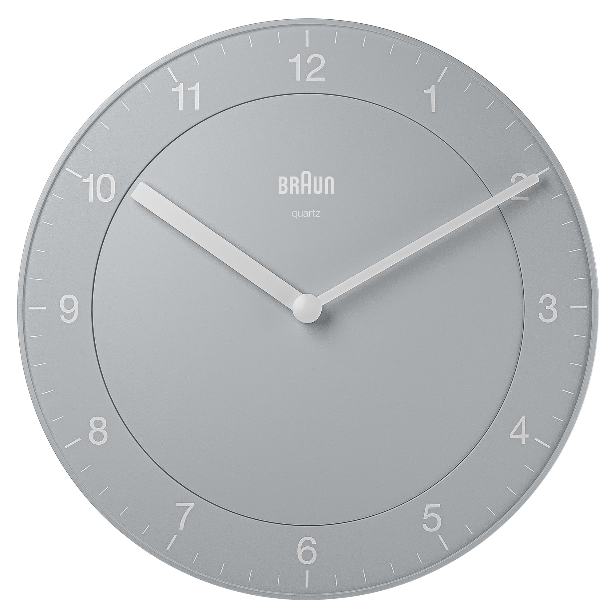 Braun Classic Analogue Wall Clock with Quiet Quartz Movement, Easy To Read, 20cm Diameter in Grey, model BC06G.