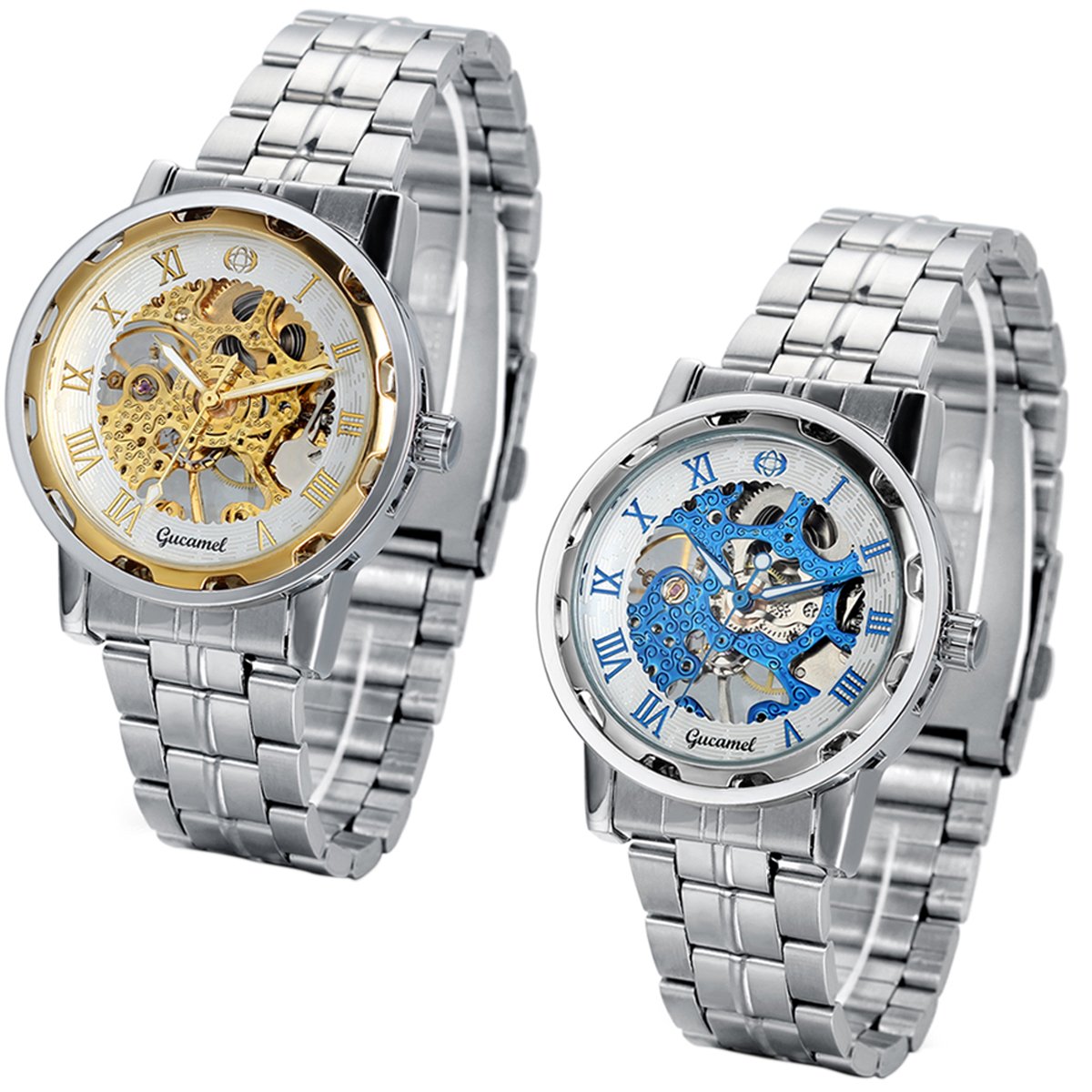 JewelryWe 2pcs Stainless Steel Band Skeleton Hand-Wind Mechanical Watches for Men Birthday