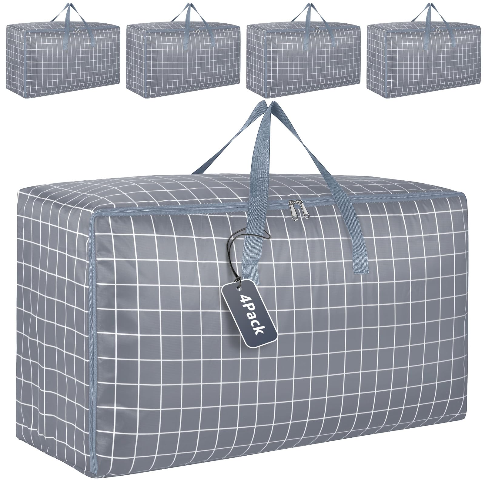 wsryx 4 Pack Extra Large Storage Box with Lids for Moving House, Wardrobe Heavy Duty Laundry Storage Bags with Zips for Clothes, Strong Organiser Packing Boxes (grey)