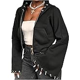 Milumia Women's Y2k Punk Zip Up Cropped Hoodies Grommet Bell Sleeve Sweatshirt Jackets Outerwear
