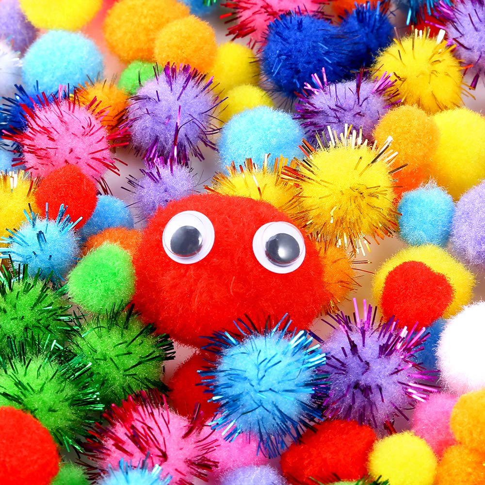 Caydo 2000 Pieces Assorted Sizes Multicolor Pompoms Glitter Pom Poms with 4 Sizes Wiggle Eyes for Hobby DIY Art Craft Supplies