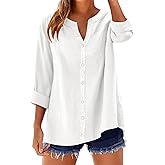 LOMON Button Down Shirts for Women Long Sleeve Cotton Button Up Shirt Linen V Neck Casual Loose Fall Tops Blouses