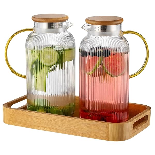 BUAIC 2 PACK GLASS PITCHER WITH LID, 68 OZ/ 2 LITER CLASSIC VERTICAL STRIPES WATER PITCHER WITH BAMBOO LIDS,GLASS WATER CARAFE FOR COLD BREW, COFFEE, LEMONADE, ICED SUN TEA,BEVERAGE,MILK