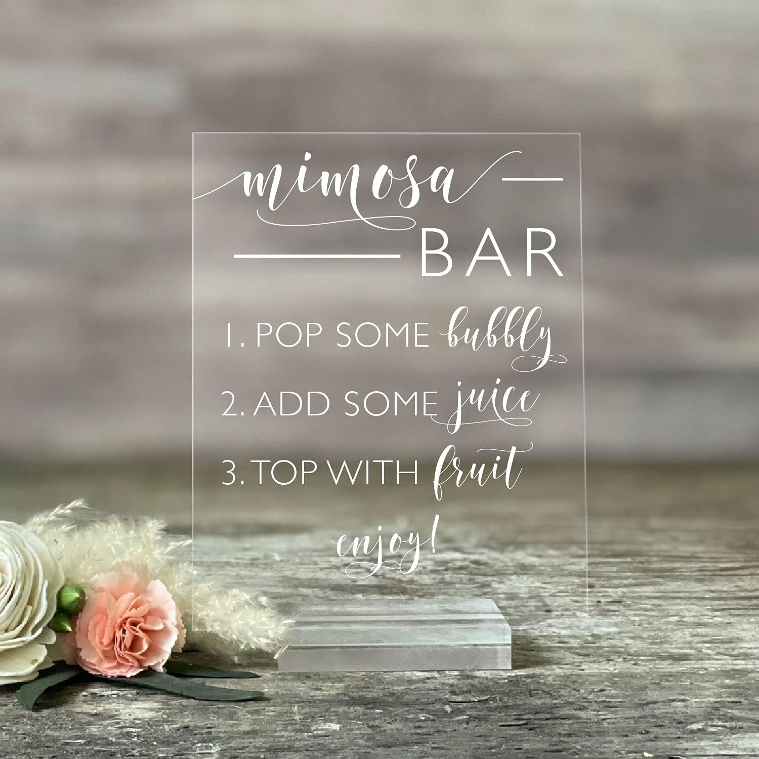 Mixed Media - Acrylic Wedding Sign: Mimosa Bar Bridal Shower Sign – Clear Acrylic Sign with Stand – Mimosa Bar Sign, Free Drink Sign, Rustic Wedding Decorations, Reception Decorations (5X7, Clear Acrylic Stand)