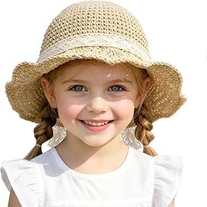 Zando Toddler Girl Straw Sun Hat with Lace Bow, Wide Brim Baby Beach Hat, Adjustable Sun Hats for Outdoor Photo Vacation
