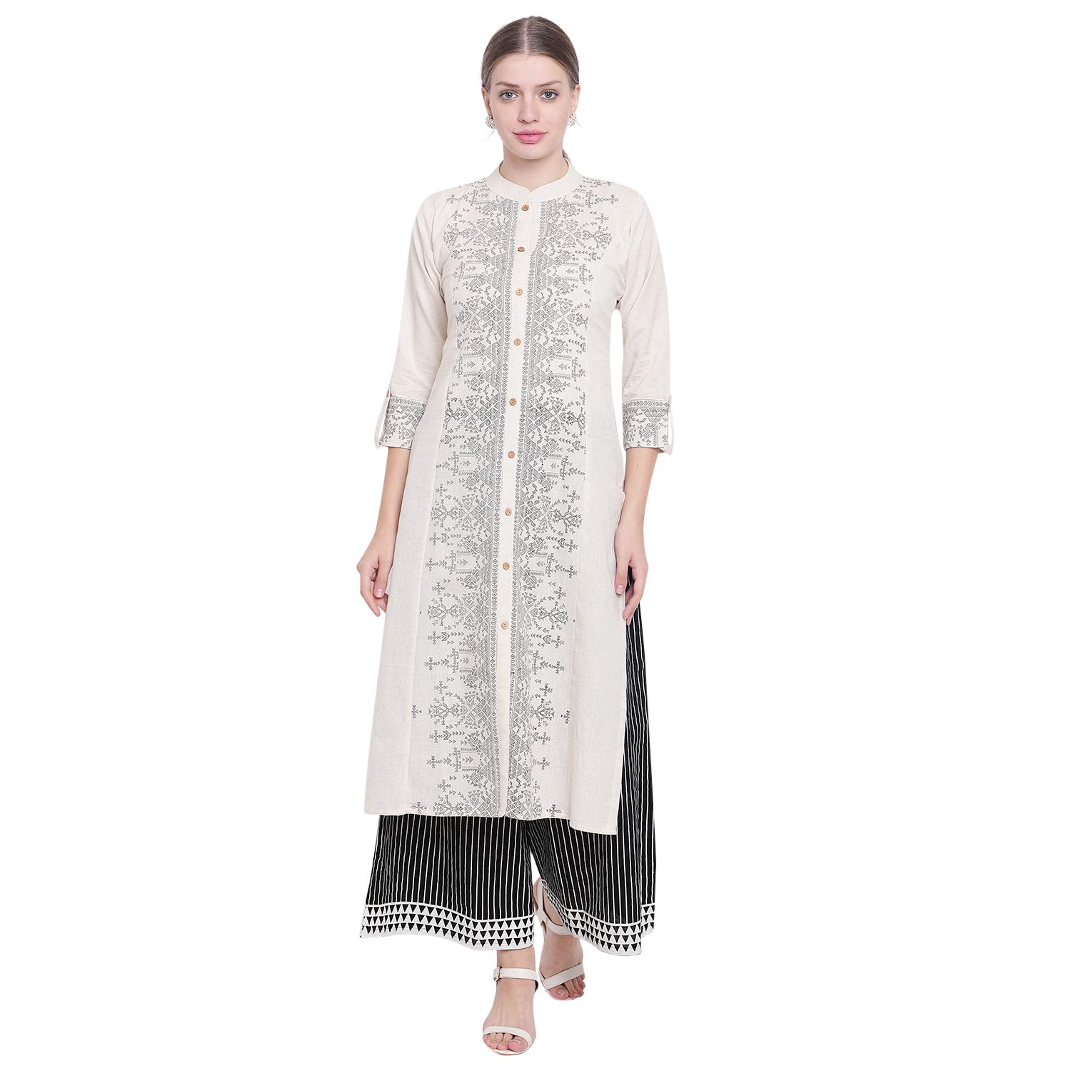 shopbering women off white cotton flex kurta and palazzo set
