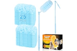 ROKKIBOM 360° Duster Refills Kit for Swiffer Duster, 25 Pack & 1 Handle, Multi-Surface Dusters with 4X Microfibers. Efficient Duster Kit for Cleaning Pet Hair, Home, Office, Blinds, Furniture and More