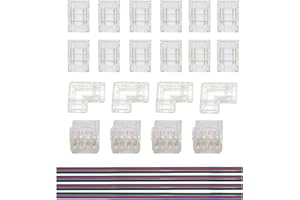 Clearhill 10mm 4Pin 24Pcs Transparent Solderless COB LED Strip Connector Corner Kit,Strip to Wire 4P,Strip to Strip 12P,L-Sha